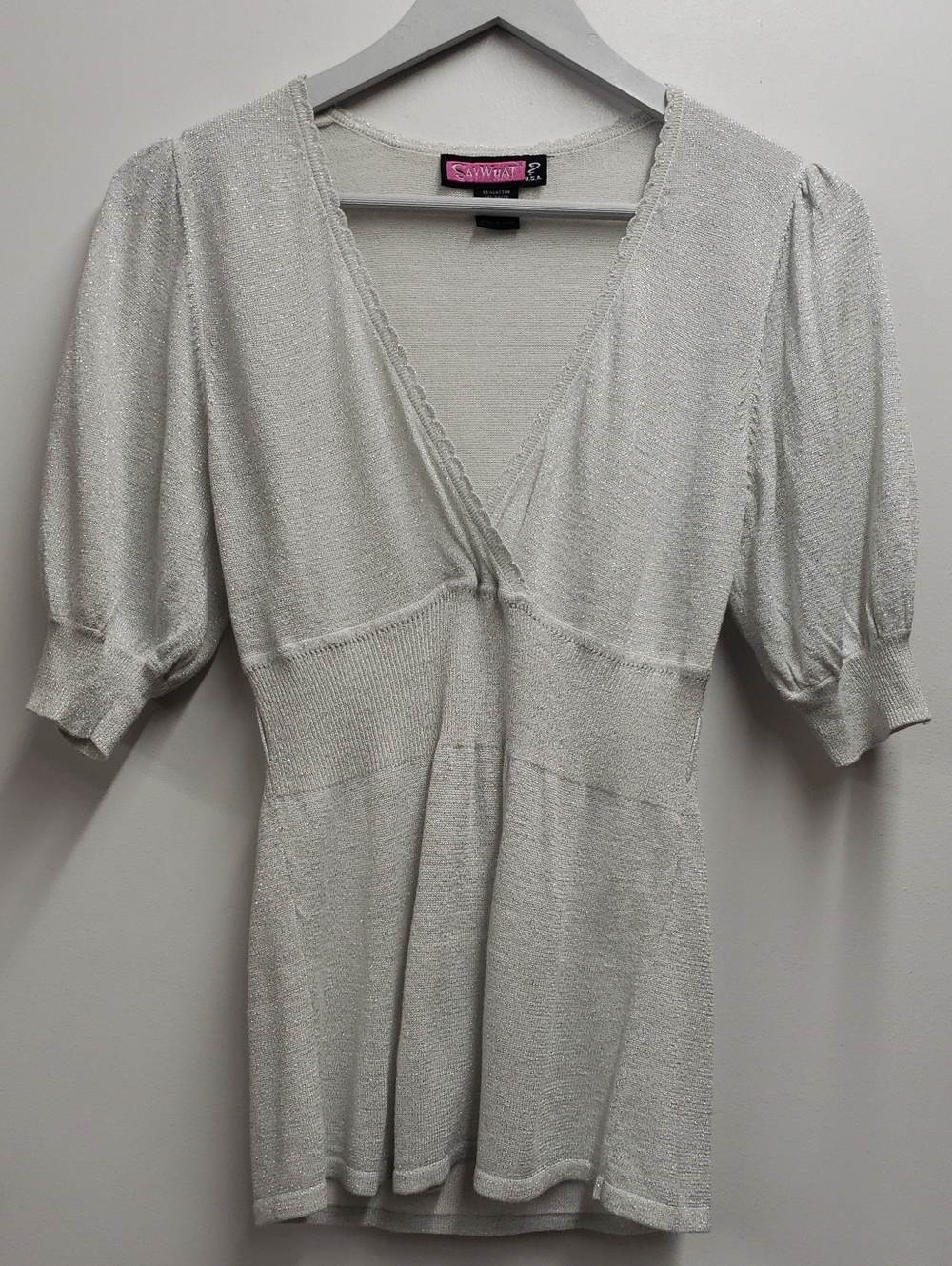 Say What? Silver Shimmering Top V-neck and Short Puff Sleeves Peplum Juniors XL